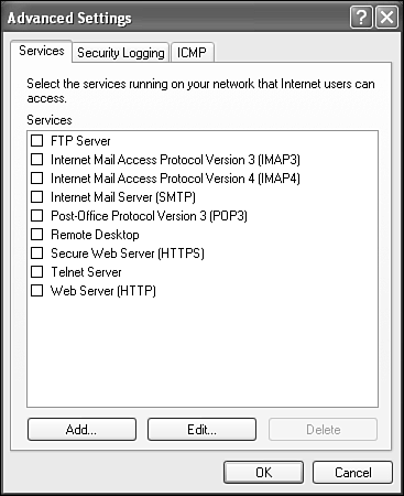 The Services tab lets you specify which services are to be forwarded by Internet Connection Sharing.