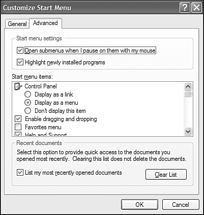 The Advanced tab of the Customize Start Menu dialog box.