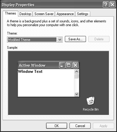 You can alter a multitude of display attributes from the Display Properties dialog box (Themes tab shown). Programs such as virus protectors or video drivers may introduce additional tabs to this dialog box.