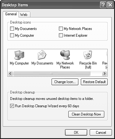 The Desktop Items dialog box, General tab.