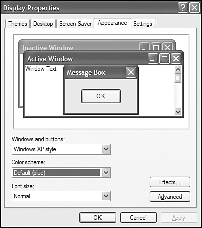 The Display Properties dialog box, Appearance tab.