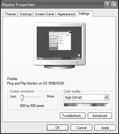 The Display Properties dialog box, Settings tab.