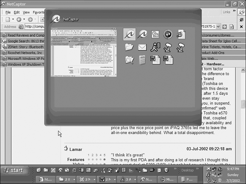 The Alt-Tab replacement in the XP Power Toys shows the page you are switching to, in a thumbnail. This is useful especially when switching between a large number of similar applications or documents, or images.