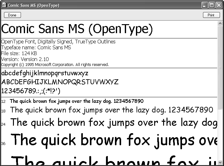 A font sampling dialog box.