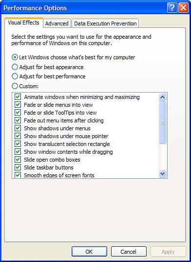 The Visual Effects tab of Performance Options.