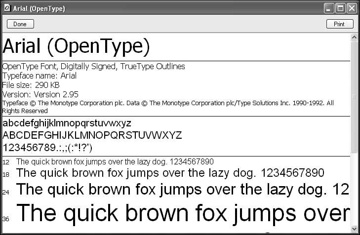The Font Viewer displaying Arial.