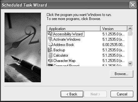 The Scheduled Task Wizard's program selection page.