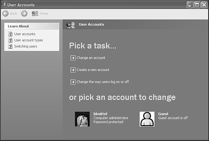 The User Accounts control panel applet lets you create, delete, and modify user accounts on a workgroup computer.