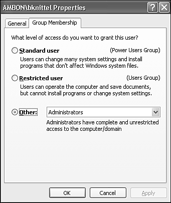 The Group Membership dialog box lets you assign a user account to one of three security levels.