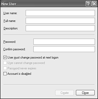 You can use the New User dialog box in Computer Management to create new user accounts.