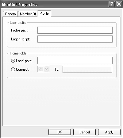 Profile properties let you specify an alternate path for the user profile, as well as a logon script and a home (default) folder or drive.