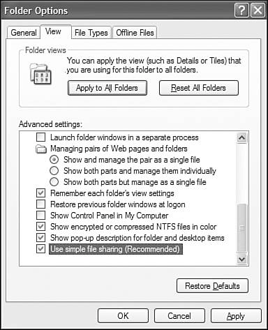Simple File Sharing is enabled by default; disable it to use the old Windows NT/2000 access control system on a peer-to-peer network.