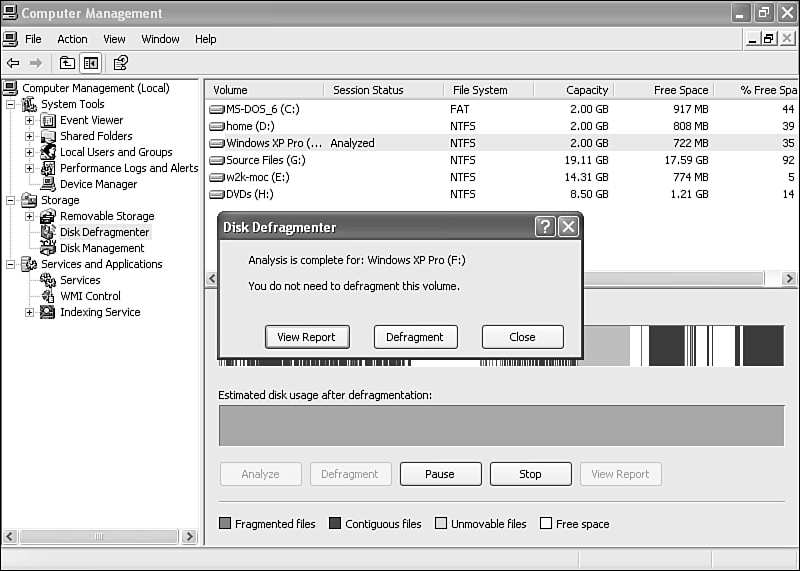 Running Defrag's analysis on a drive indicates whether you would net any advantage from defragmenting.