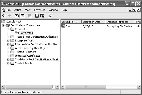 Certificate Manager showing the Administrator's file recovery certificate.