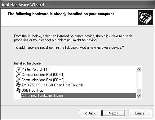 When a new Plug and Play device isn't found, you see this dialog box. Scroll down and choose Add a New Hardware Device.