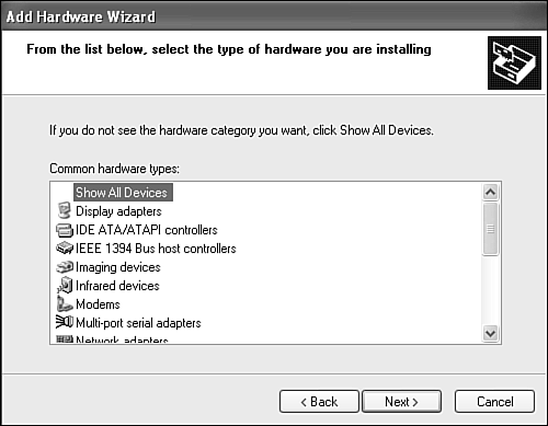 Common hardware types are listed in alphabetical order. Select the type, or Show All Devices to install your device manually.