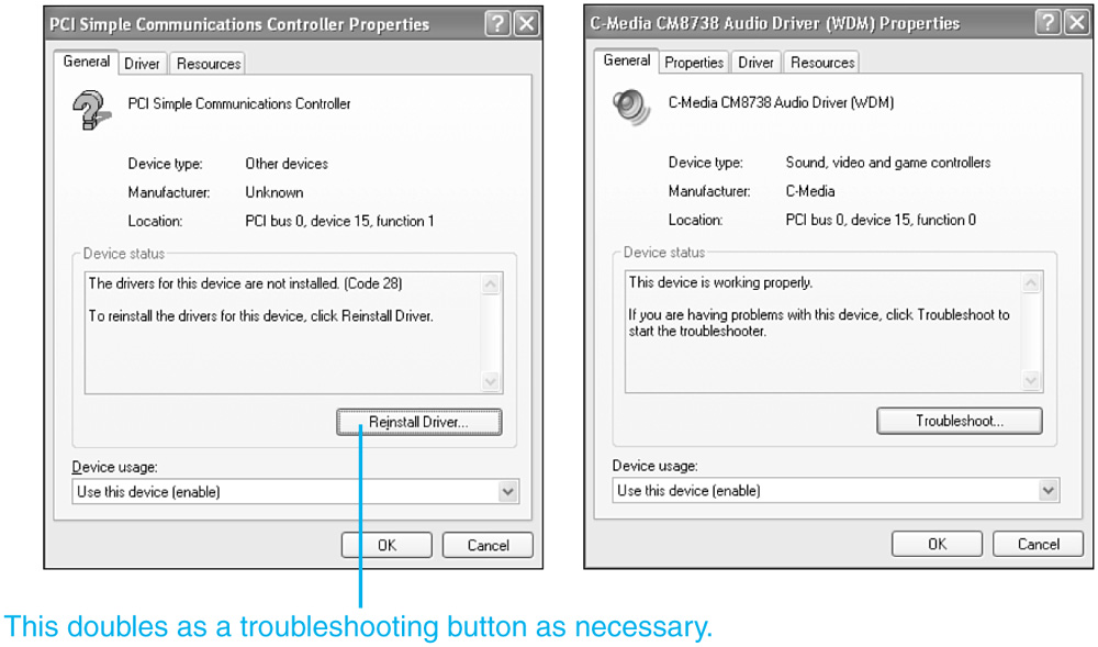 A Properties dialog box for a malfunctioning hardware device (left) and for a normally functioning device (right).