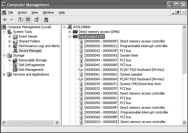 Typical I/O assignments in a Windows XP machine are numerous. Notice the scrollbar. Only about half the assignments are visible in this figure.