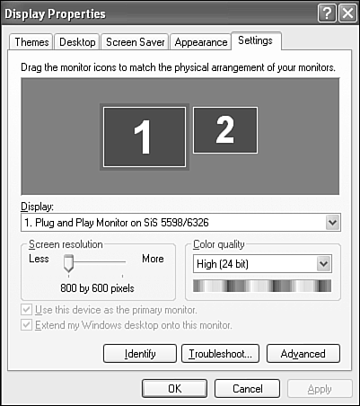 A system running dual monitors. The relative size of monitors 1 and 2 reflects the resolution (monitor 1 has a higher resolution than monitor 2).