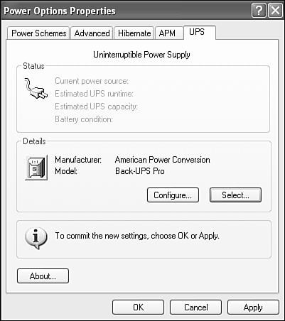 The UPS tab in Power Options after a UPS model has been selected, but before the UPS has been connected.