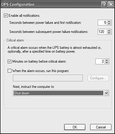 Here, you can set the UPS and system behavior for cases of power outage.