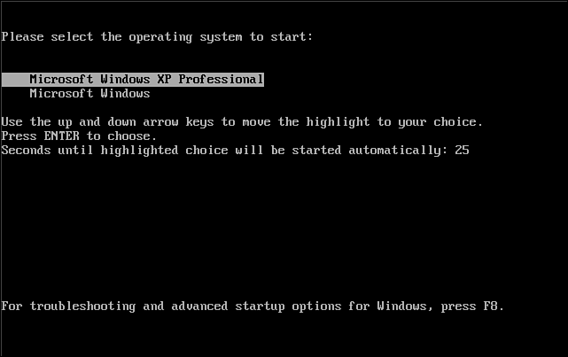 The final result—The Windows XP boot loader now shows both operating systems at boot time.