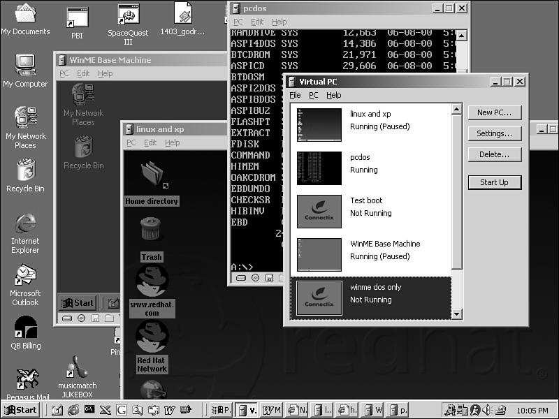 Virtual PC running Windows Me, Linux, and DOS on three virtual machines.