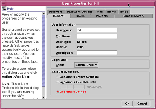 The User Properties window.