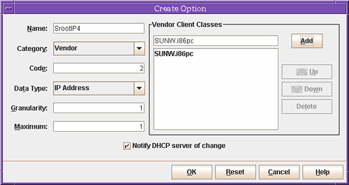 DHCP completed Create Options window.