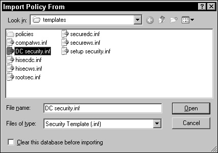 Applying the DC Security.inf template in the Import Template From dialog box.