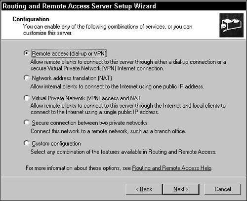 You can choose the types of connections to establish via the Configuration page of the Routing and Remote Access Server Setup Wizard.