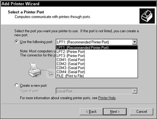 Use the Select a Printer Port page to specify a port for the printer or create a new one.