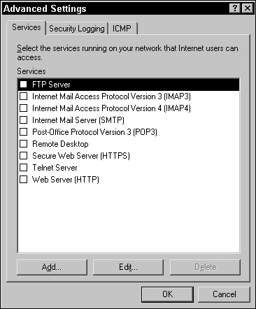 You can configure services to allow inbound traffic via the Services tab of the Advanced Settings dialog box.