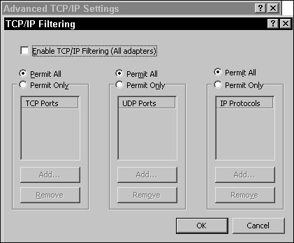 You configure TCP/IP filtering via the TCP/IP Filtering dialog box.