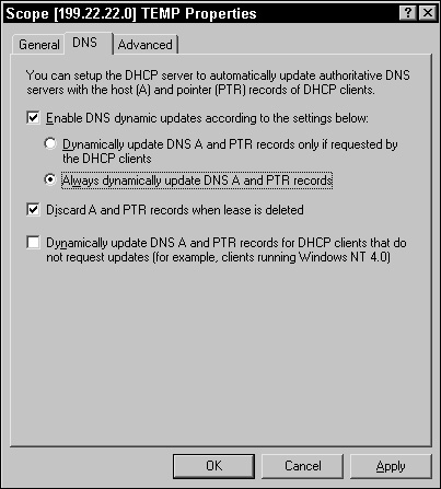 The Always dynamically update DNS A and PTR records option has been set.