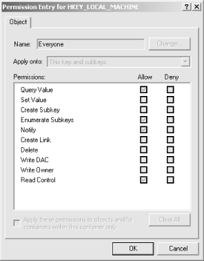 The Object tab controls the specific ACEs applied to a Registry key