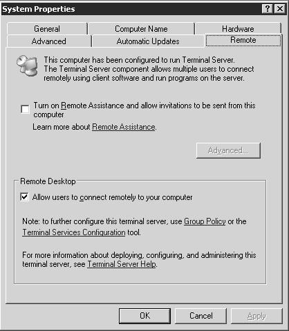 Remote Desktop for Administration can be enabled on any Windows 2003 server from under the Remote tab of System Properties.