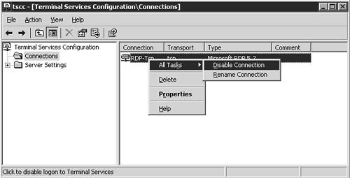 Disabling RDP connections on a Windows 2003 Terminal Server.