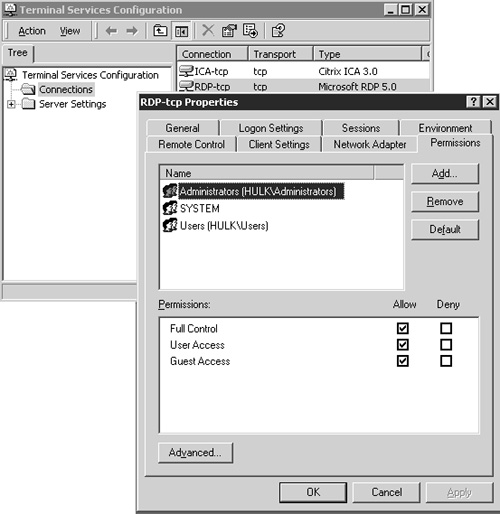 Windows 2000 Terminal Server RDP connection permissions.
