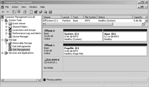 Sample disk configuration on a Windows 2003 Terminal Server.