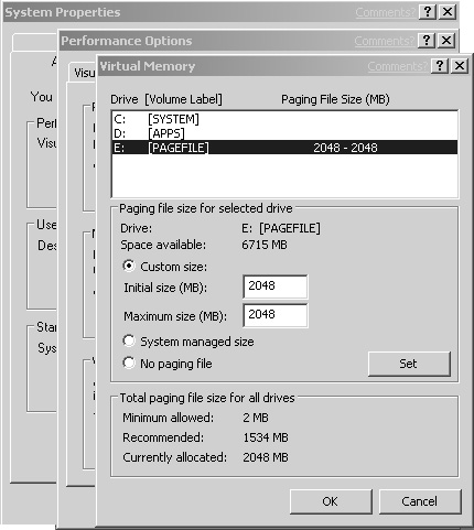 Windows Server 2003 Virtual Memory dialog box.