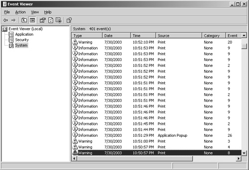 System event log entries generated by client printer connections.