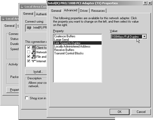 Configuration settings for an Intel PRO/100B network interface card.
