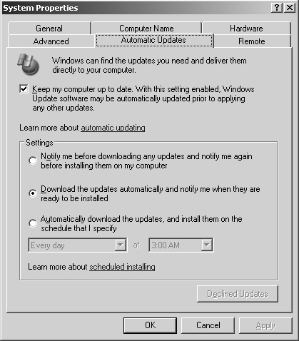Default Automatic Update settings for Windows Server 2003.
