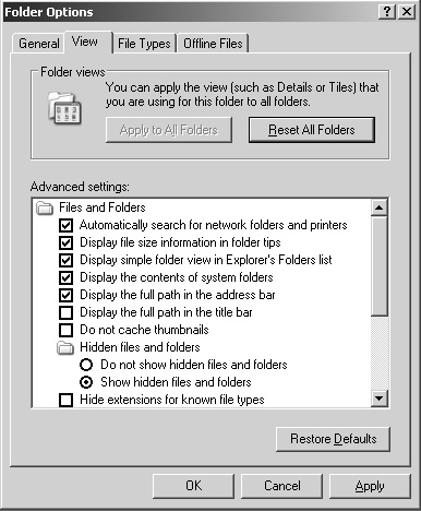 The Folder Options View tab.