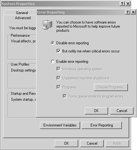 The Error Reporting configuration screen in Windows Server 2003.