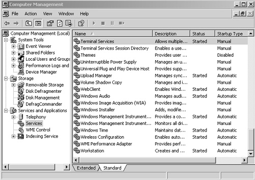 Example of the running services on a Windows 2003 Terminal Server.