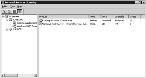 License allocation can be viewed by clicking on a server in the Terminal Services Licensing tool.