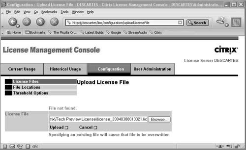 The Upload License File page of the License Management Console.