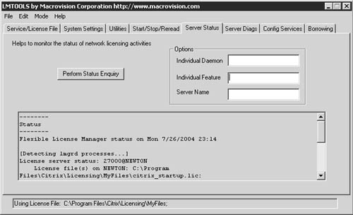 Status information for the license server can also be queried from the LMTOOLS utility.